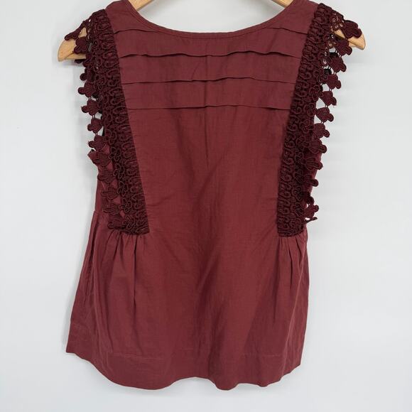 Odille Top Women’s 4 Brown Linen Crochet Lace Pleats Feminine Romantic Bohemian - Picture 5 of 9